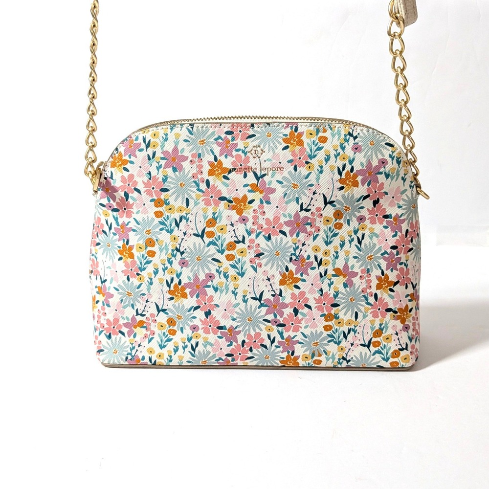 Nanette Lepore Floral Vegan Leather Crossbody Bag Pastel Dome Chain Strap Purse - Picture 2 of 16